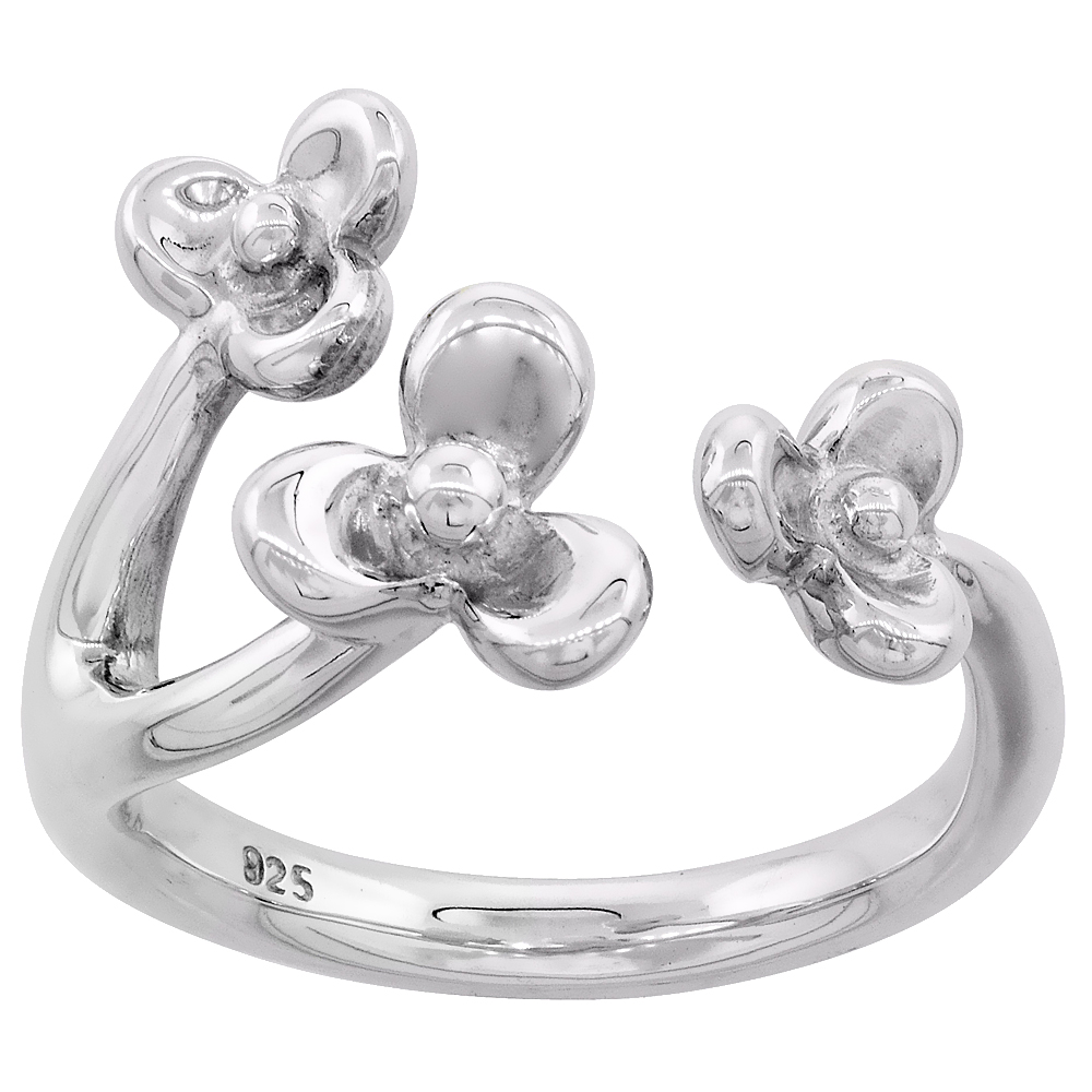 Sterling Silver 3 Petal Flowers Ring for Women Flawless finish 1/2 inch wide sizes 6 to 10