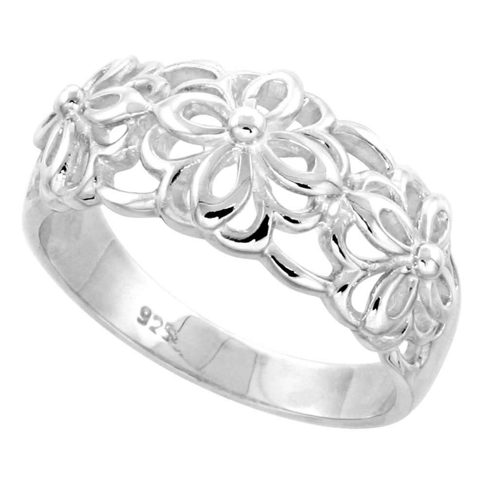 Sterling Silver Floral Pattern Cut-out Ring for Women Flawless finish 1/2 inch wide sizes 6 to 10