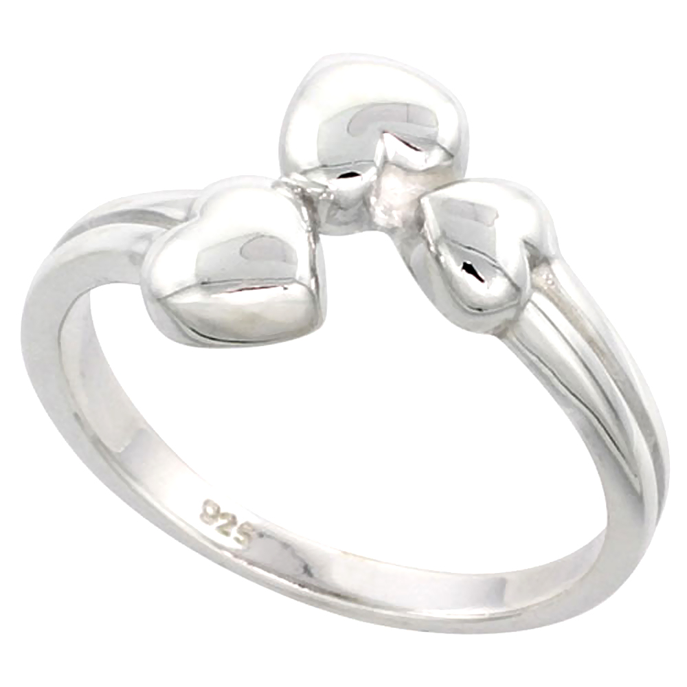 Sterling Silver 3-Heart Ring for Women Flawless finish 1/2 inch wide sizes 6 to 10