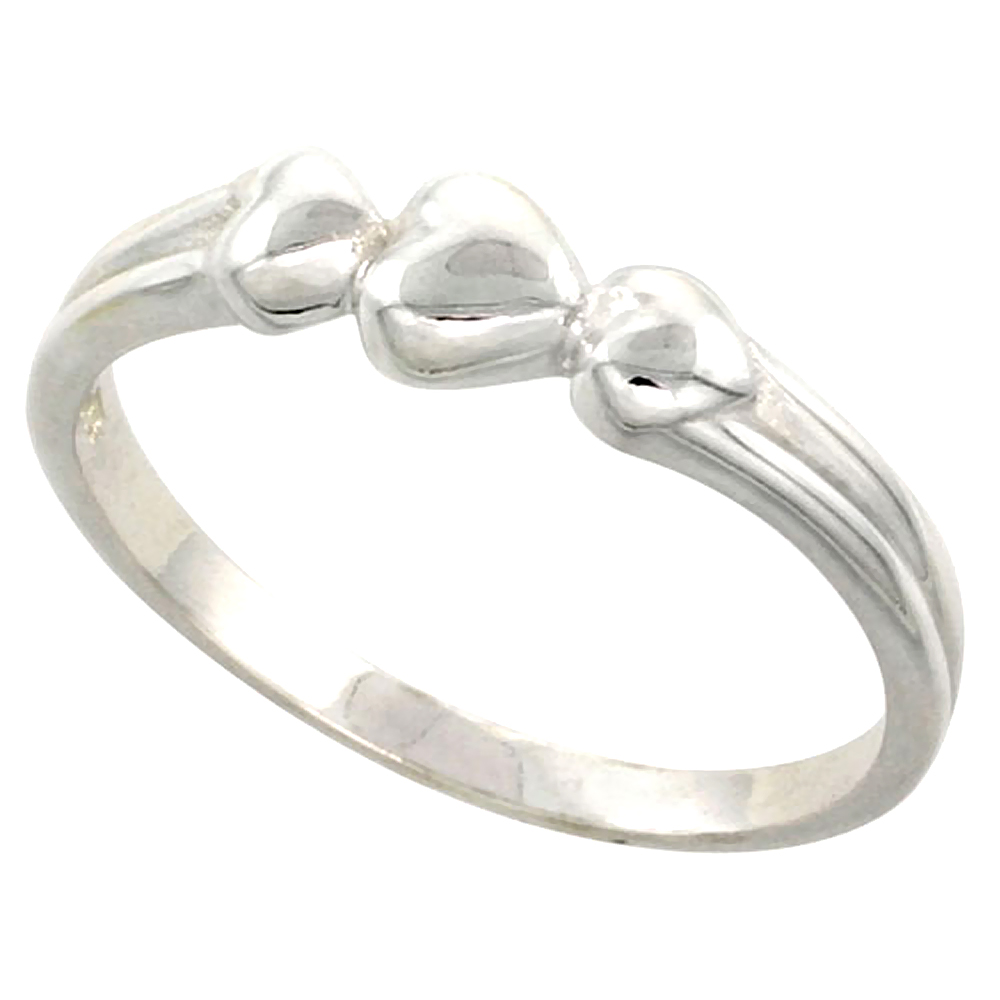 Sterling Silver 3-Heart Ring Flawless finish 1/4 inch wide, sizes 6 to 10