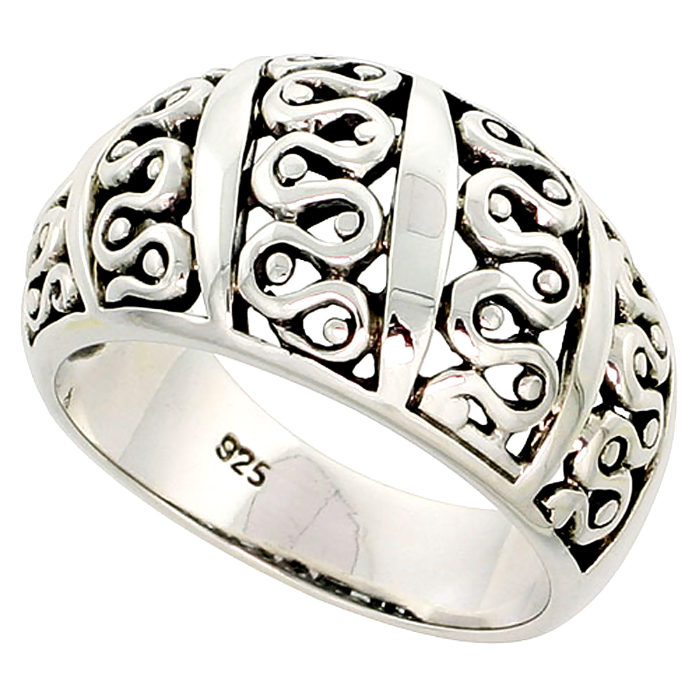 Sterling Silver Dome Cigar Band Wavy Pattern Ring Flawless finish 1/2 inch wide, sizes 6 to 10