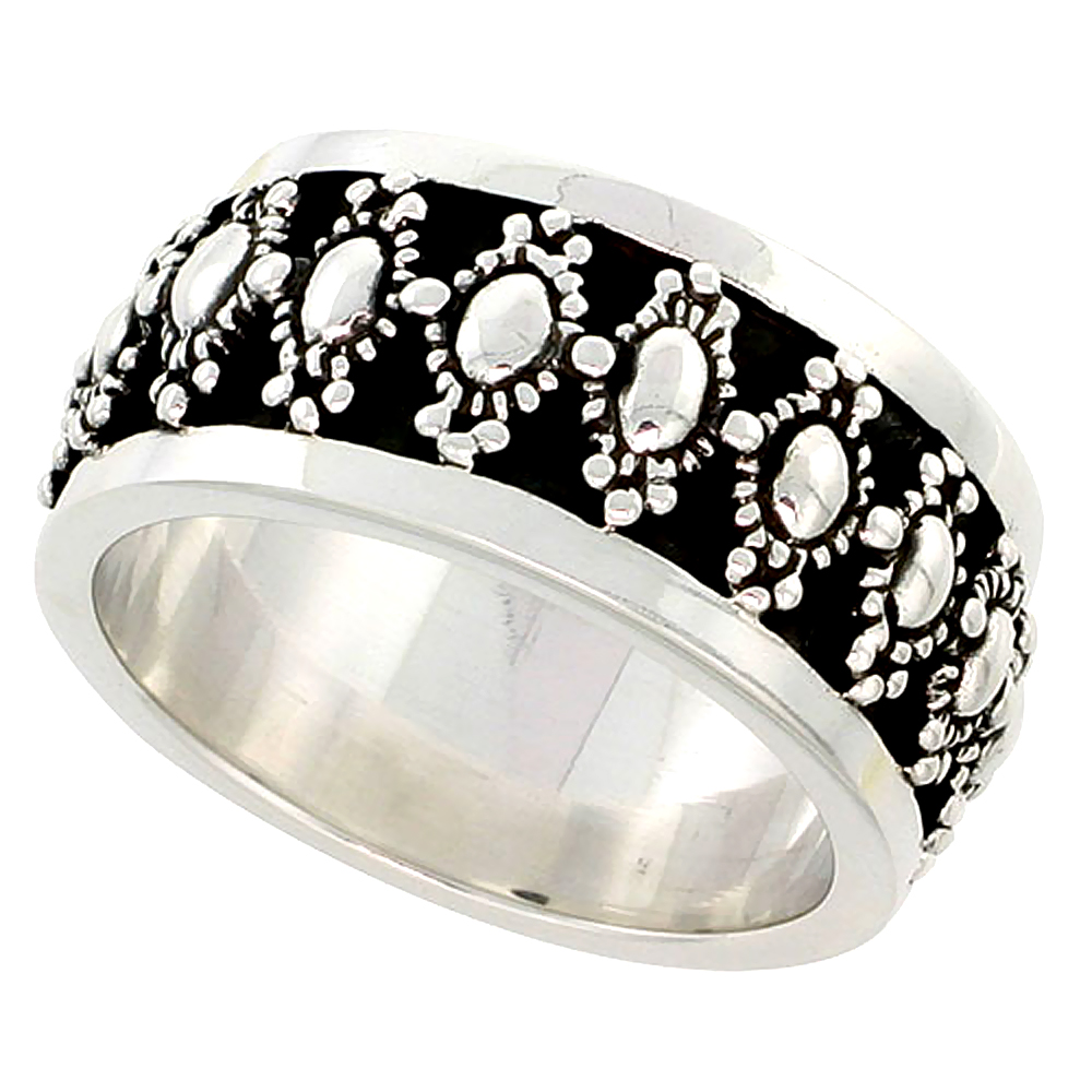 Sterling Silver Floral Beads Band Ring Flawless finish 1/2 inch wide, sizes 6 to 10