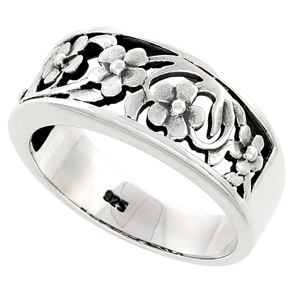 Sterling Silver Floral Vine Band Ring for Women Flawless finish 3/8 inch wide sizes 6 to 10