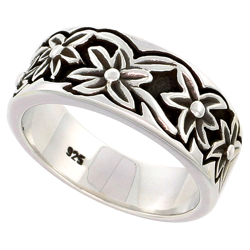 Sterling Silver Floral Pattern Band Ring Flawless finish 3/8 inch wide, sizes 6 to 10