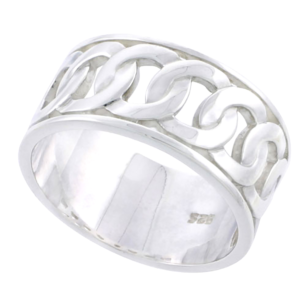 Sterling Silver Round Link Chain Ring Wedding Band for Him and Her Flawless finish 1/2 inch wide sizes 6 to 14