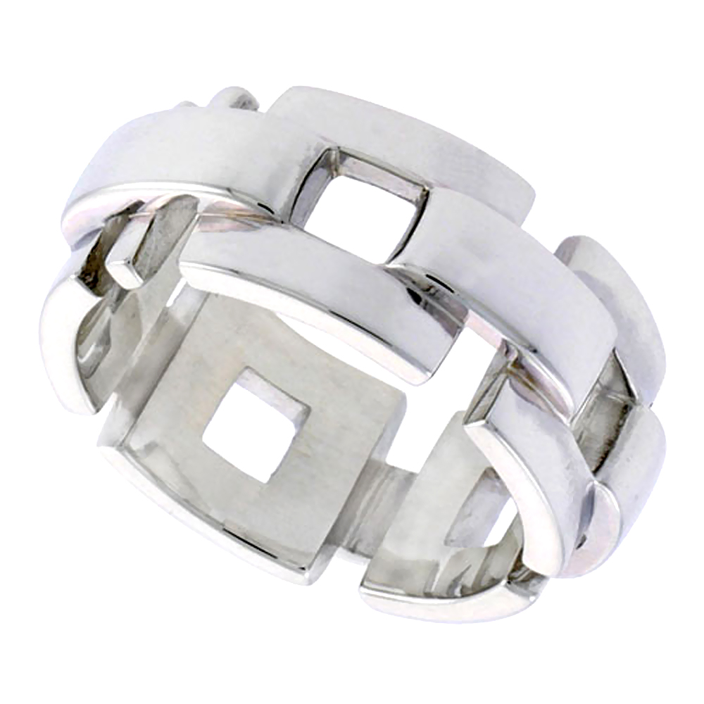 Sterling Silver Square Link Chain Wedding Ring for Him and Her Flawless finish 3/8 inch wide sizes 6 to 14