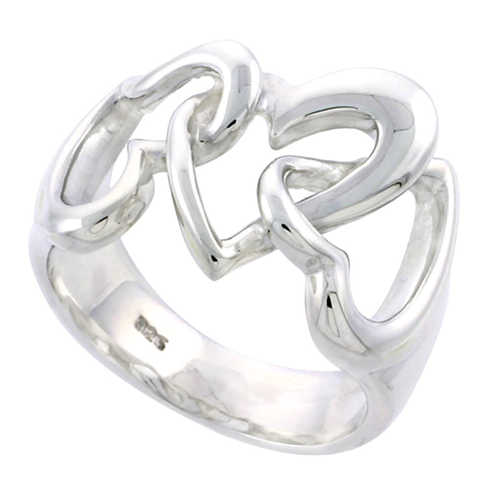 Sterling Silver linked Hearts Ring for Women Flawless finish 9/16 inch wide