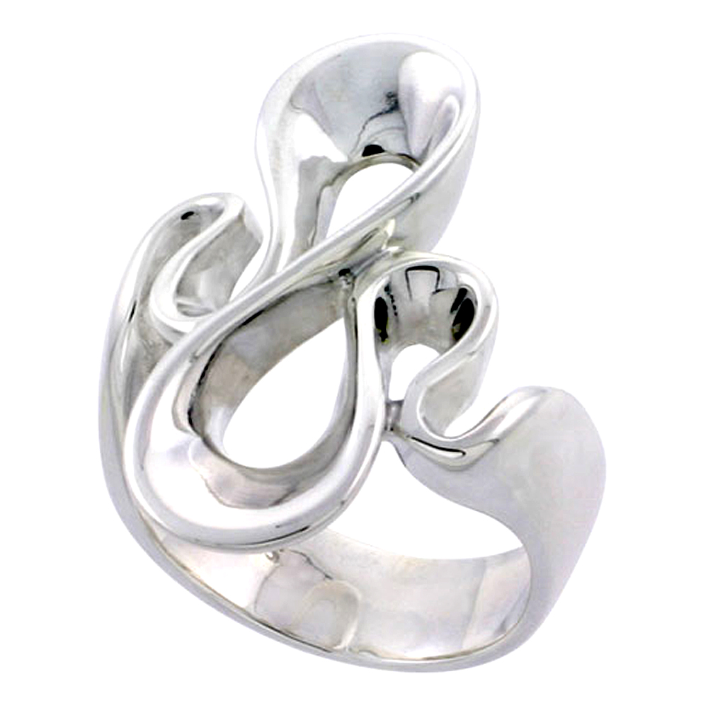 Sterling Silver long S Waves Ring for Women Flawless finish 1 1/16 inch wide