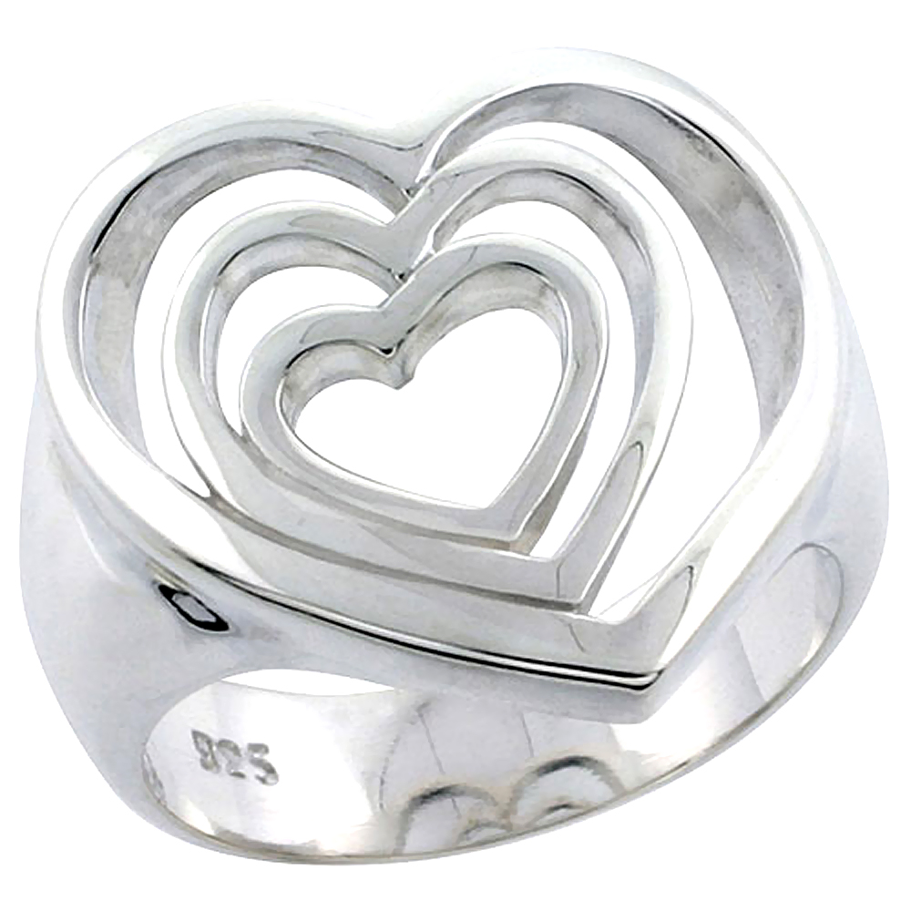 Sterling Silver Cascading Hearts Ring for Women Flawless finish 11/16 inch wide sizes 6 - 10