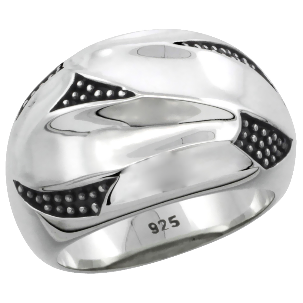 Ladies Sterling Silver Plain & Beaded Stripe Ring High Polished & Oxidized Two tone finish 9/16 inch wide sizes 6 - 10