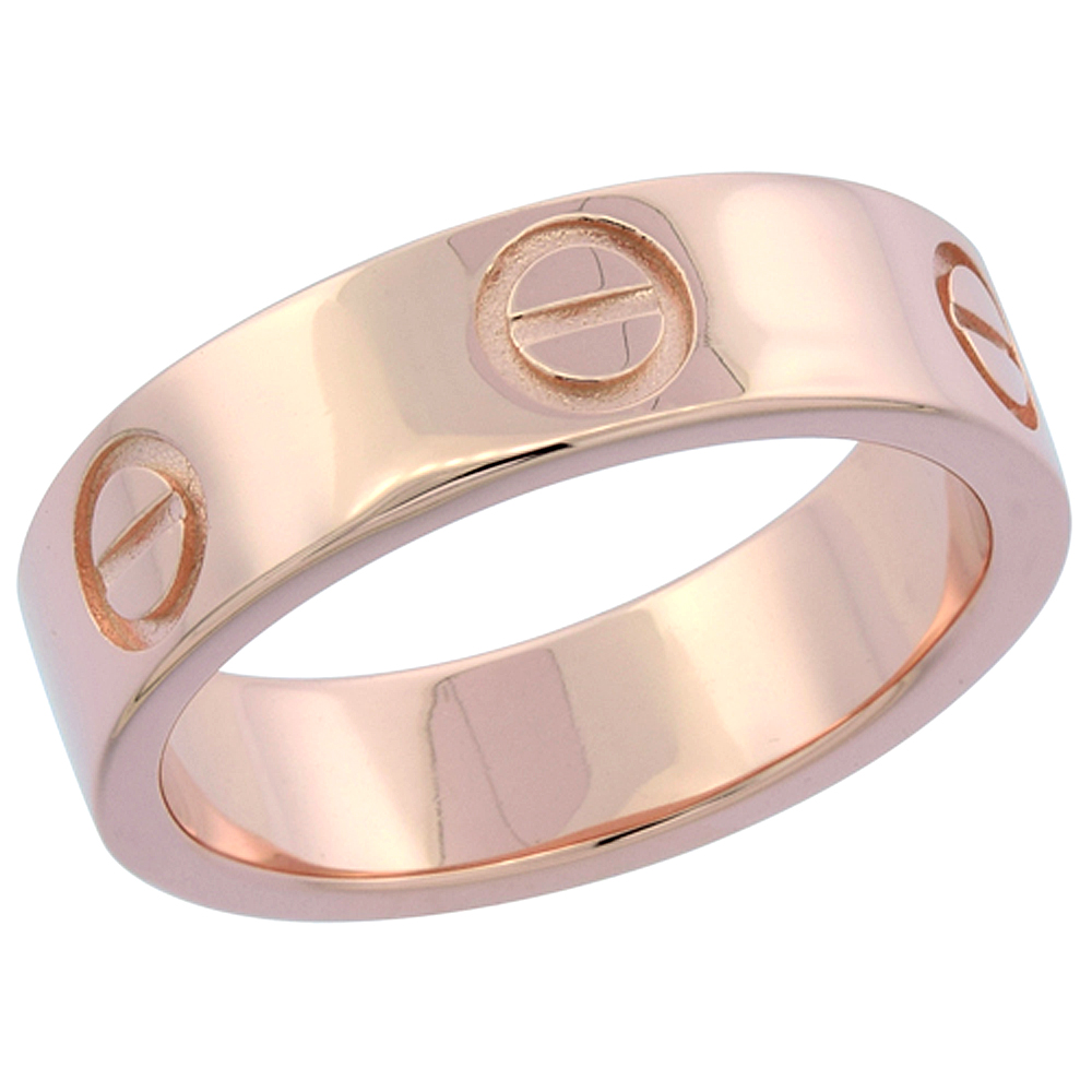 Sterling Silver Screw Design Wedding Band Ring Rose Gold Finish, 7/32 inch wide, sizes 6 - 9