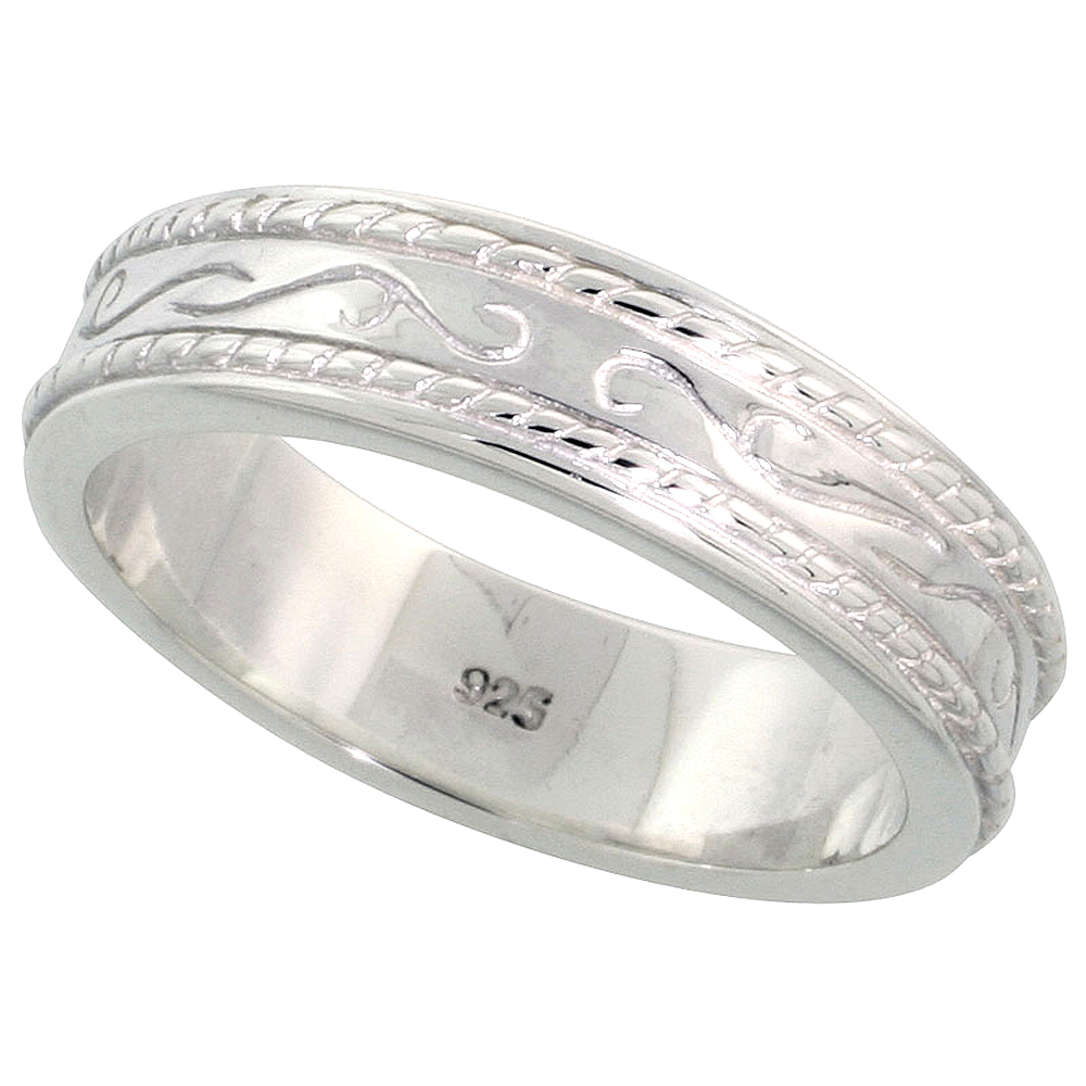 Sterling Silver Double Rope Inlay Wedding Band Ring Engraved center Flawless finish Band 7/32 inch wide