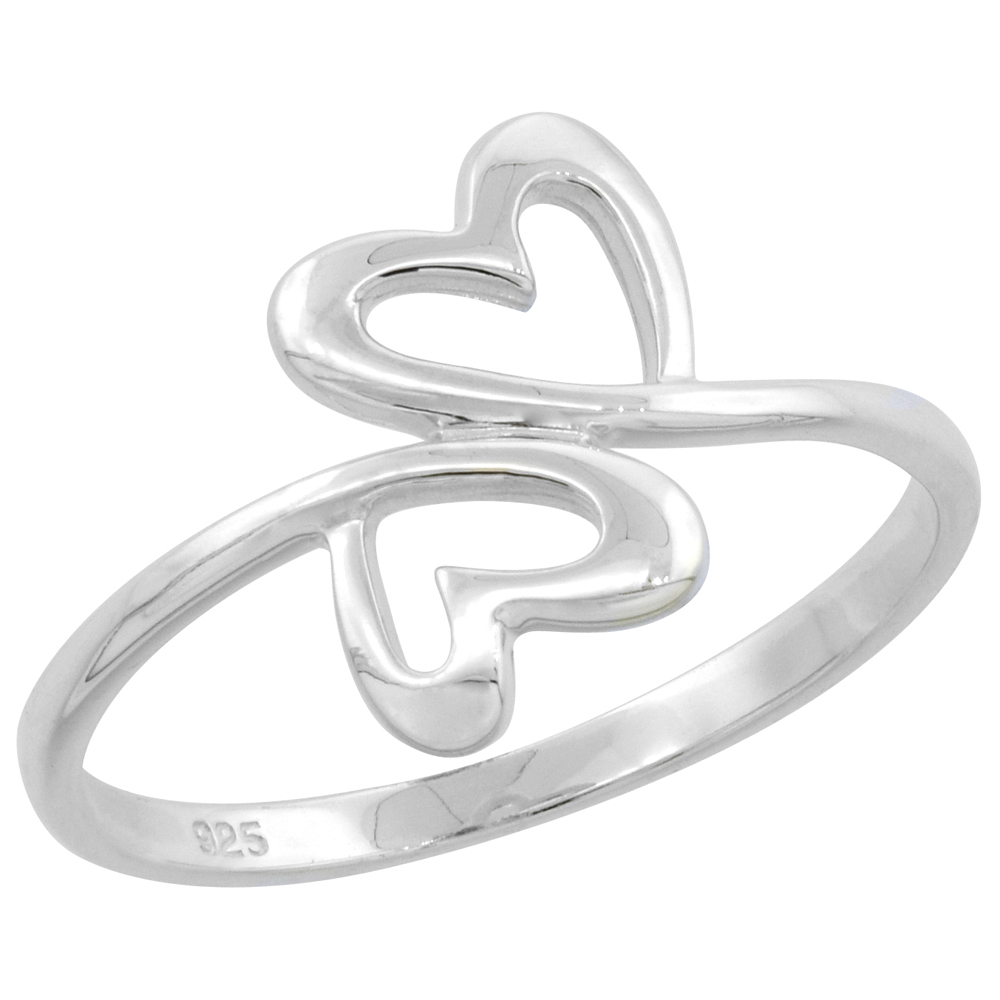 Sterling Silver Open Twin Hearts High Polished Ring 3/8 inch wide sizes 6 - 9 with half sizes