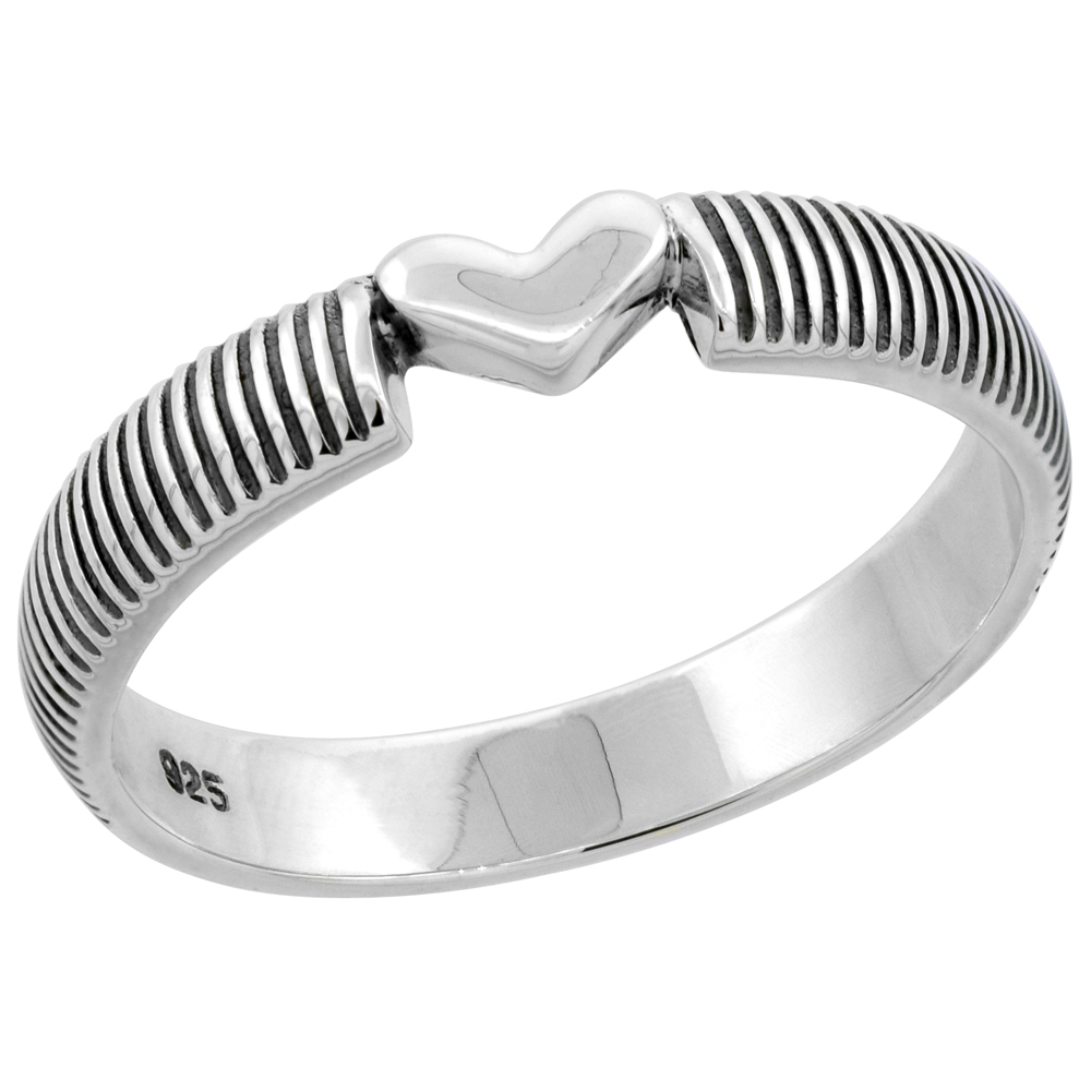 Sterling Silver Plain Solid Heart High Polished Ring Milgrain Design 1/8 inch wide sizes 6 - 9 with half sizes