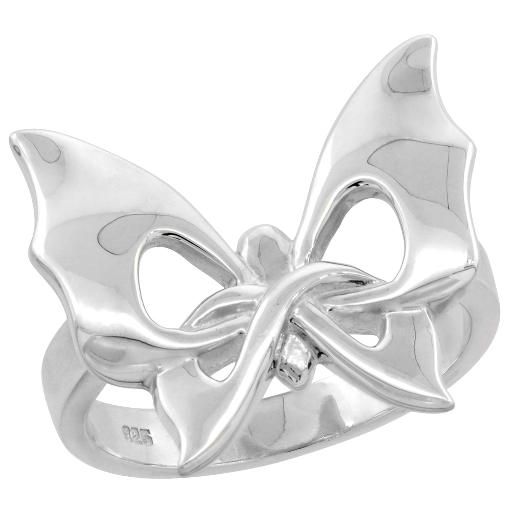 Sterling Silver Large Butterfly High Polished Ring 11/16 inch wide sizes 6 - 9 with half sizes