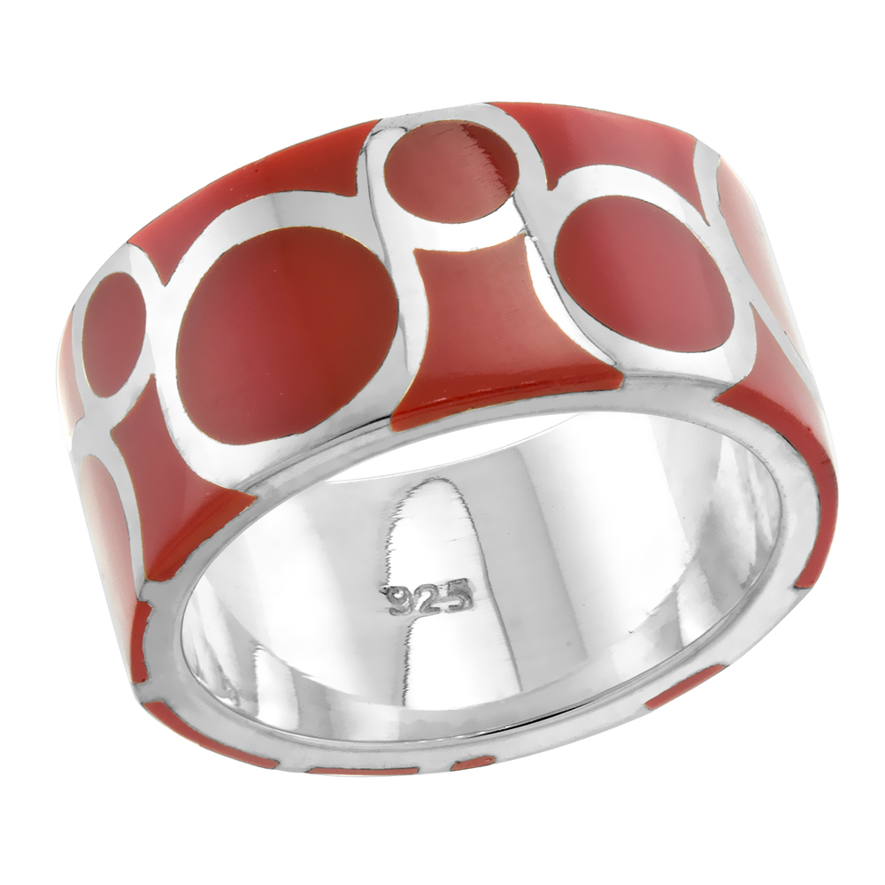 STERLING SILVER HIGH POLISHED CIRCLES RING RED ENAMEL 3/8 INCH WIDE SIZES 6 TO 10