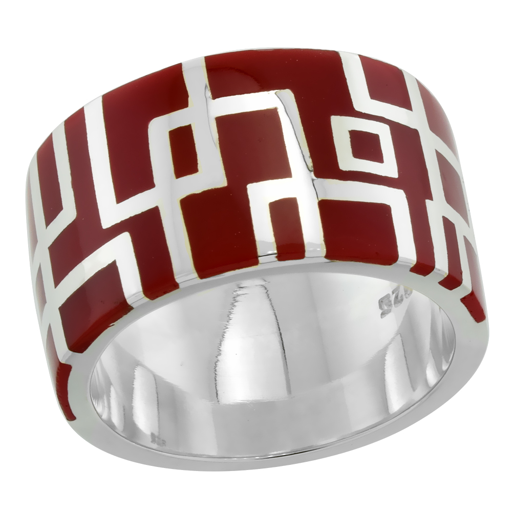 STERLING SILVER HIGH POLISHED GEOMETRIC PATTERN RING RED ENAMEL 15/32 INCH WIDE SIZES 6 TO 10