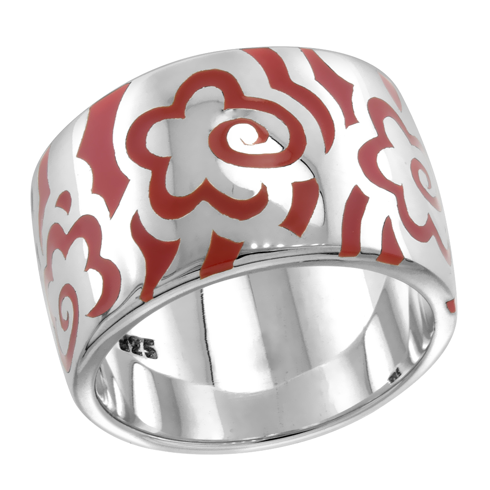 STERLING SILVER HIGH POLISHED FLOWER RING RED ENAMEL 15/32 INCH WIDE SIZES 6 TO 10
