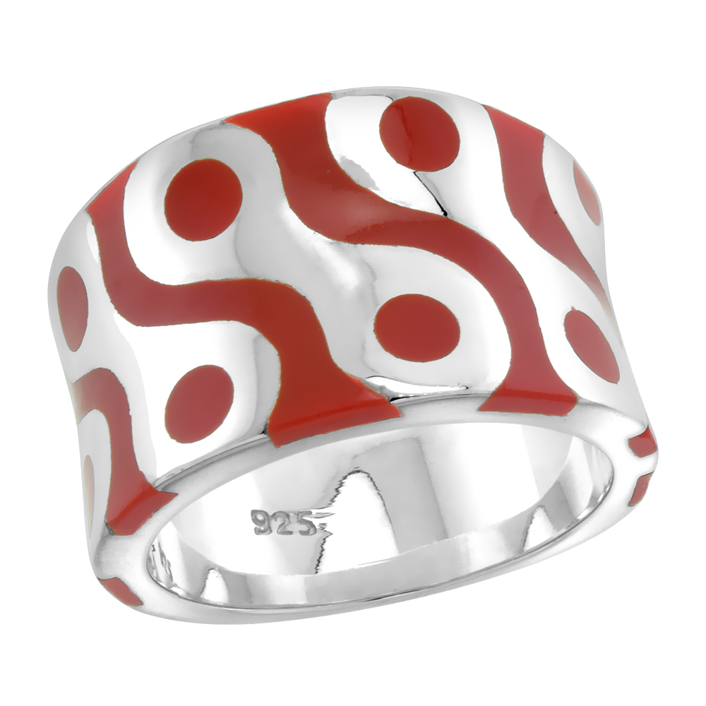 STERLING SILVER HIGH POLISHED MASK RING RED ENAMEL 1/2 INCH WIDE SIZES 6 TO 10