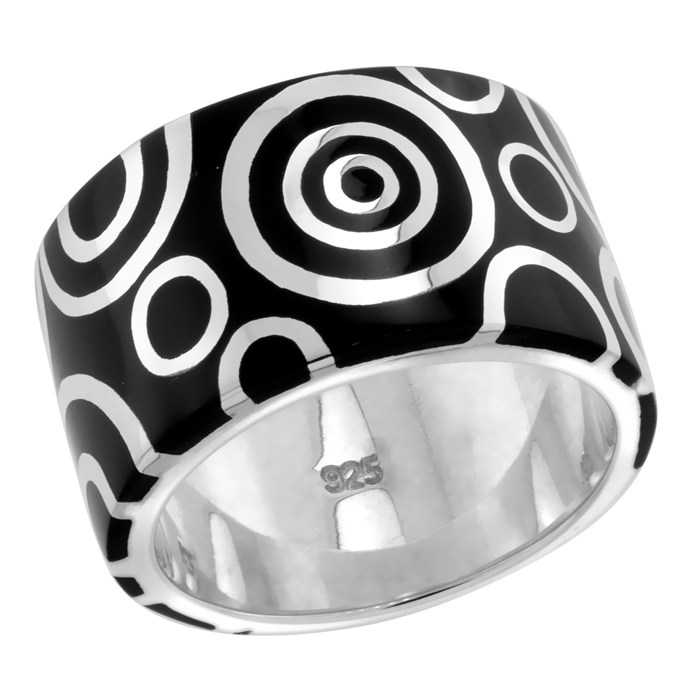 STERLING SILVER HIGH POLISHED CIRCLES RING BLACK ENAMEL 15/32 INCH WIDE SIZES 6 TO 10