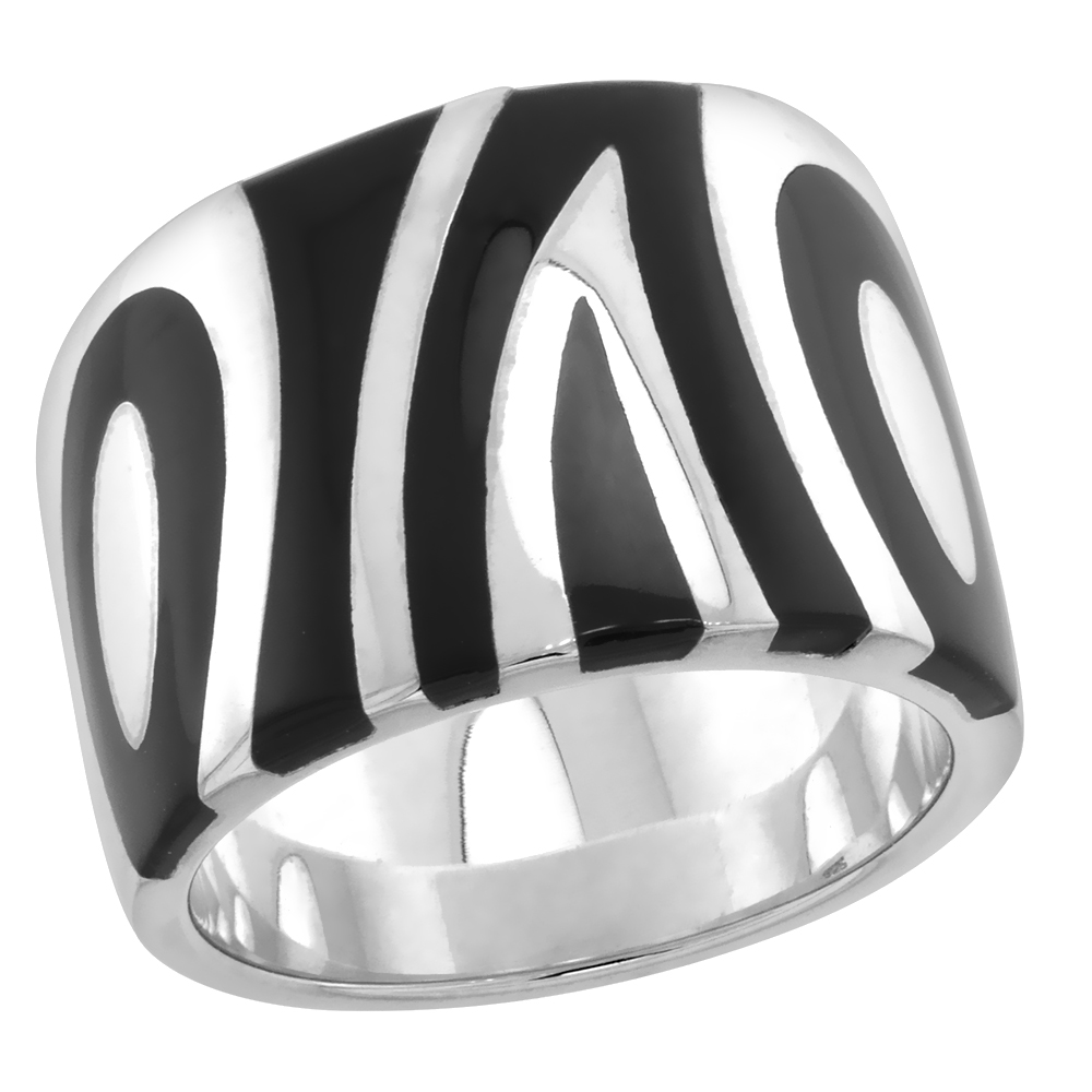 STERLING SILVER HIGH POLISHED CIRCLES & LINES RING BLACK ENAMEL 5/8 INCH WIDE SIZES 6 TO 10