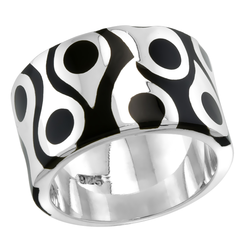 STERLING SILVER HIGH POLISHED DROPS RING BLACK ENAMEL 1/2 INCH WIDE SIZES 6 TO 10