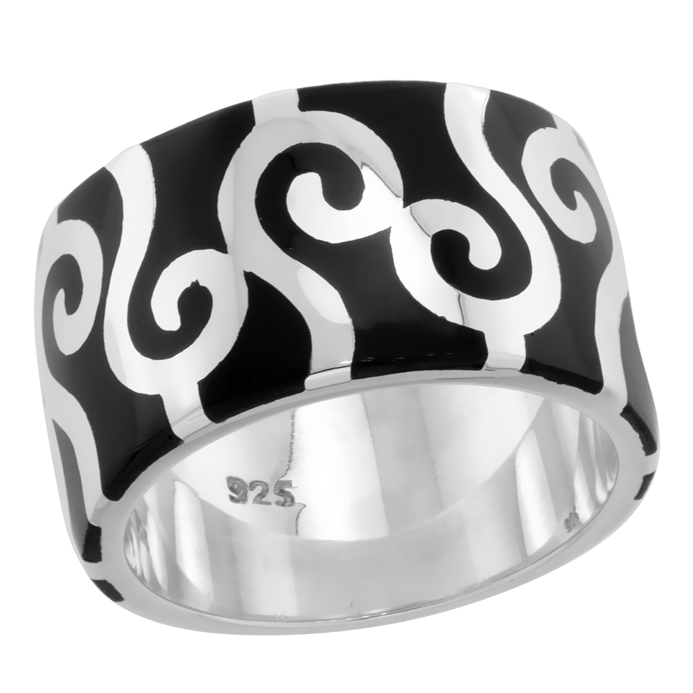 STERLING SILVER HIGH POLISHED SWIRLS RING BLACK ENAMEL 15/32 INCH WIDE SIZES 6 TO 10