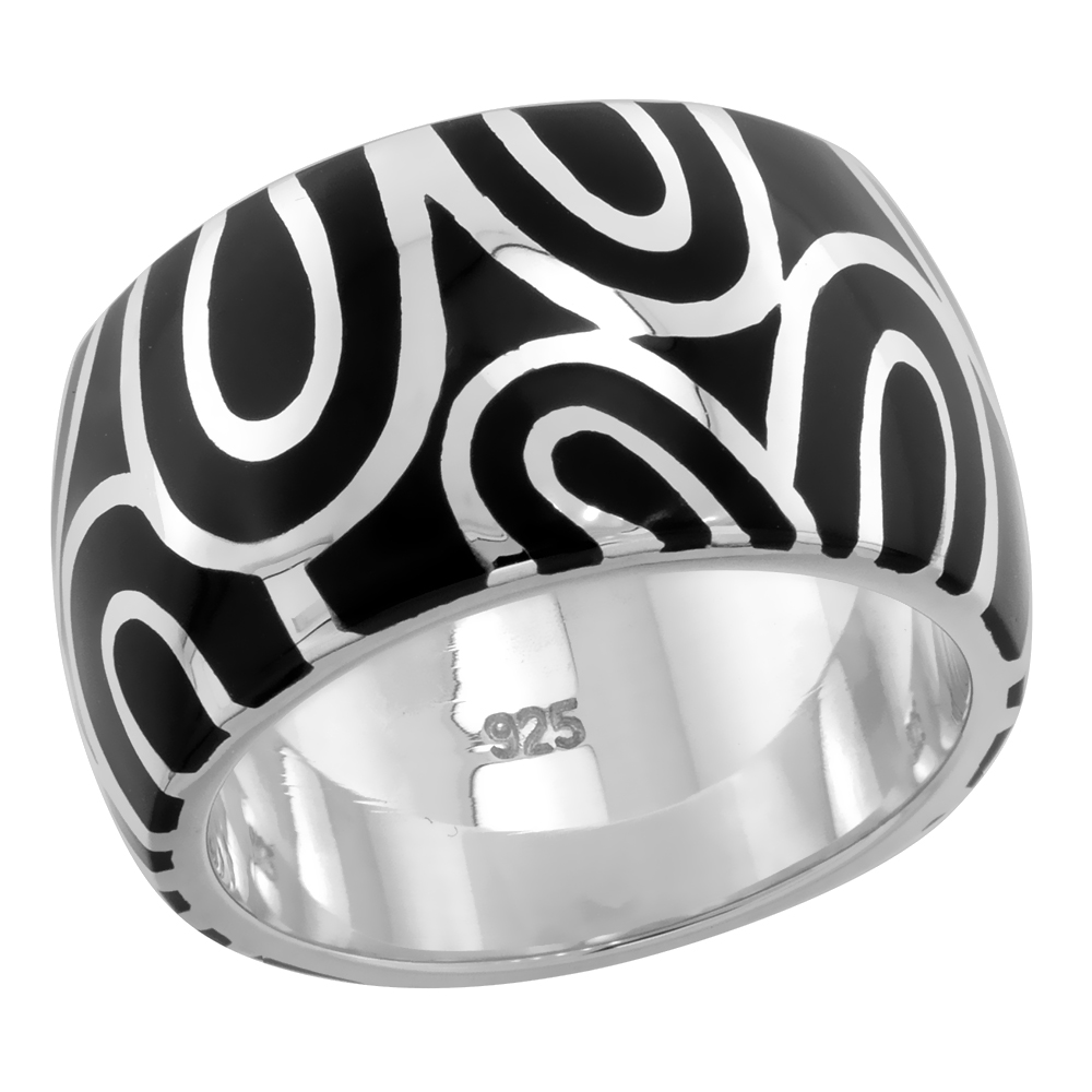 STERLING SILVER HIGH POLISHED LOOPS RING BLACK ENAMEL 15/32 INCH WIDE SIZES 6 TO 10