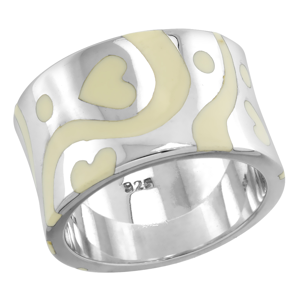 STERLING SILVER HIGH POLISHED HEARTS RING WHITE ENAMEL 1/2 INCH WIDE SIZES 6 TO 10