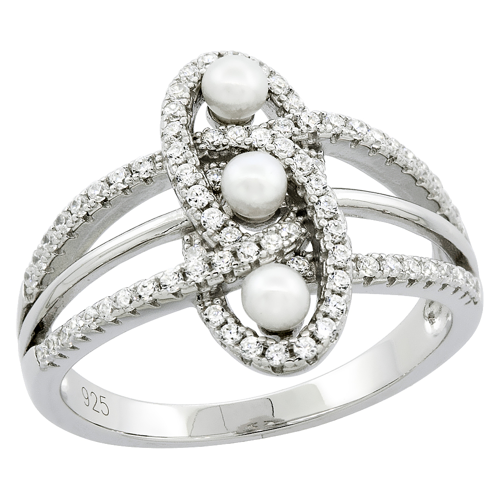 STERLING SILVER 3 PEARL KNOT RING FOR WOMEN CUBIC ZIRCONIA ACCENT 5/8 INCH SIZES 6 TO 9