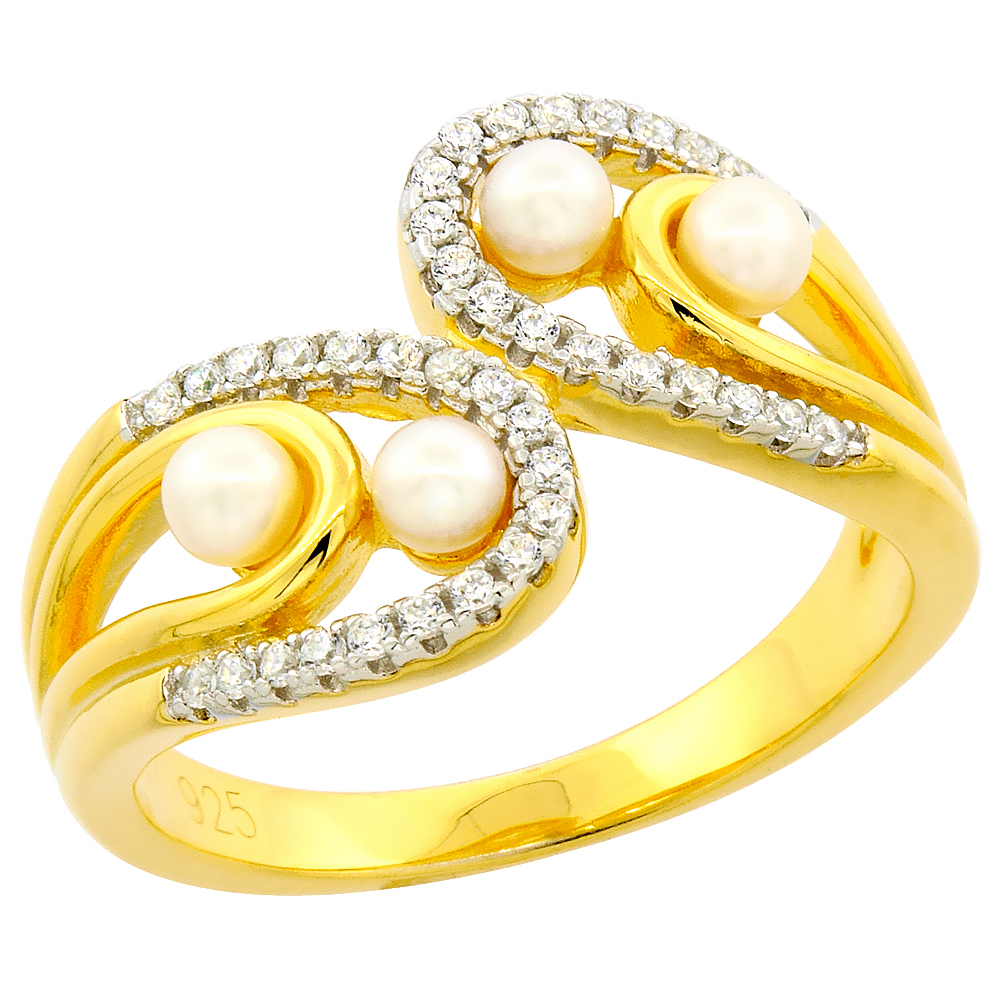 STERLING SILVER PEARL BYPASS RING FOR WOMEN CUBIC ZIRCONIA ACCENT GOLD PLATED 1/2 INCH SIZES 6 TO 9