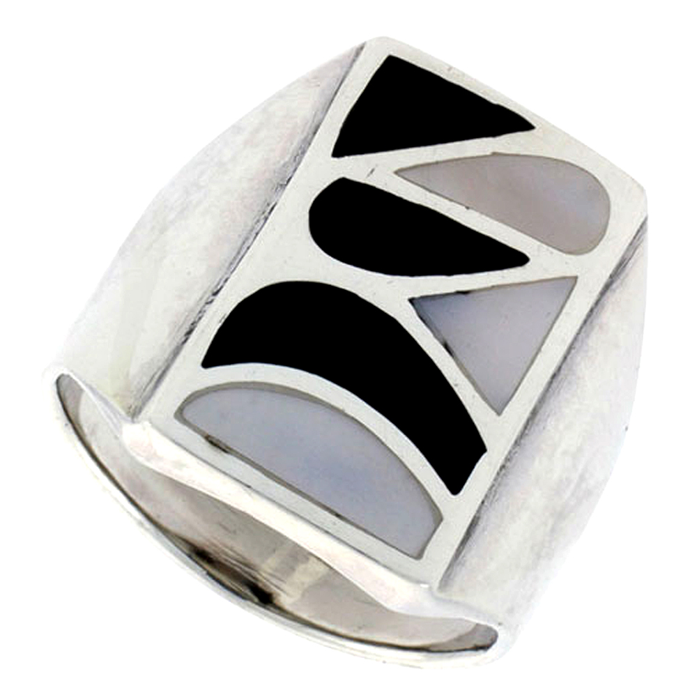 STERLING SILVER HIGH POLISH SHELL RING, W/ BLACK & WHITE MOTHER OF PEARL INLAY, 7/8" (23 MM) WIDE
