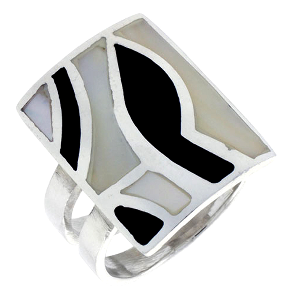 STERLING SILVER RECTANGULAR SHELL RING, W/BLACK & WHITE MOTHER OF PEARL INLAY, 15/16" (24 MM) WIDE