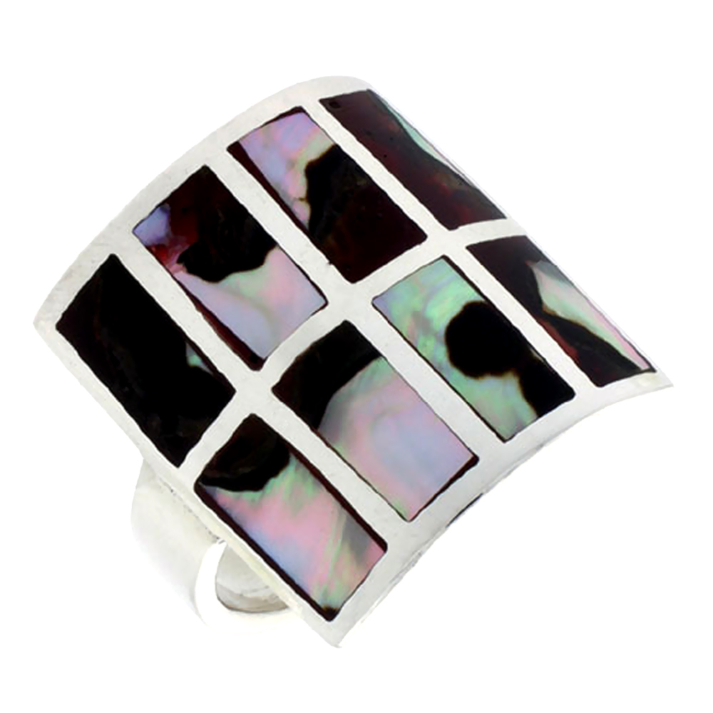 STERLING SILVER SQUARE-SHAPED SHELL RING, W/COLORFUL MOTHER OF PEARL INLAY, 7/8" (22 MM) WIDE