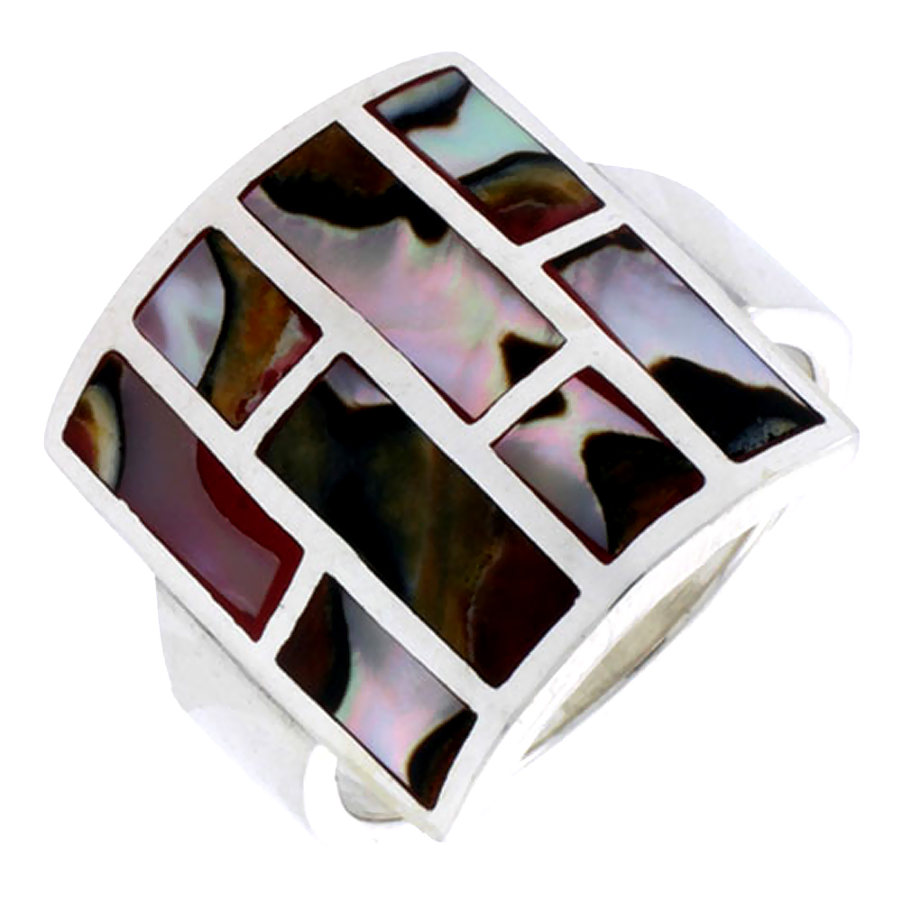 STERLING SILVER SQUARE-SHAPED SHELL RING, W/BROWN & WHITE MOTHER OF PEARL INLAY, 13/16" (21 MM) WIDE