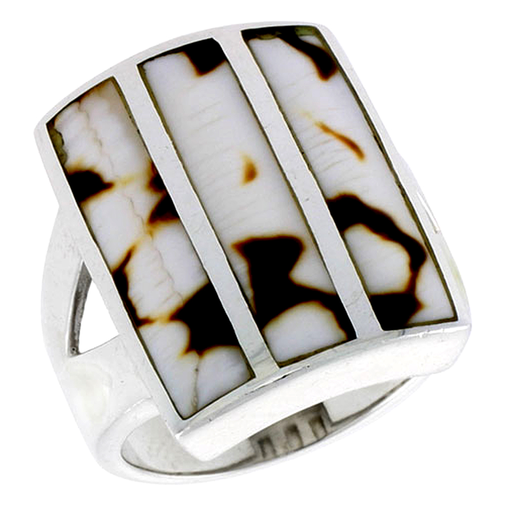 STERLING SILVER STRIPED RECTANGULAR SHELL RING, W/BROWN & WHITE MOTHER OF PEARL INLAY, 7/8" (23 MM) WIDE