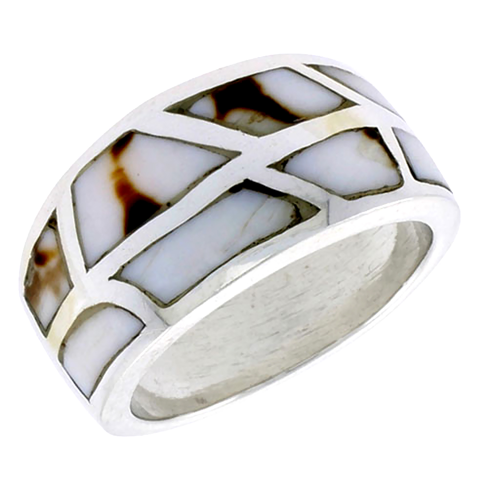 STERLING SILVER FREEFORM DOME SHELL RING, W/BLACK & WHITE MOTHER OF PEARL INLAY, 1/2" (13 MM) WIDE