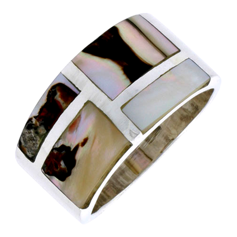 STERLING SILVER FLAT BAND, W/BROWN & WHITE MOTHER OF PEARL INLAY, 1/2" (13 MM) WIDE