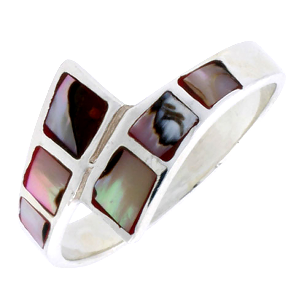 STERLING SILVER FANCY BAND, W/BROWN & WHITE MOTHER OF PEARL INLAY, 1/2" (12 MM) WIDE
