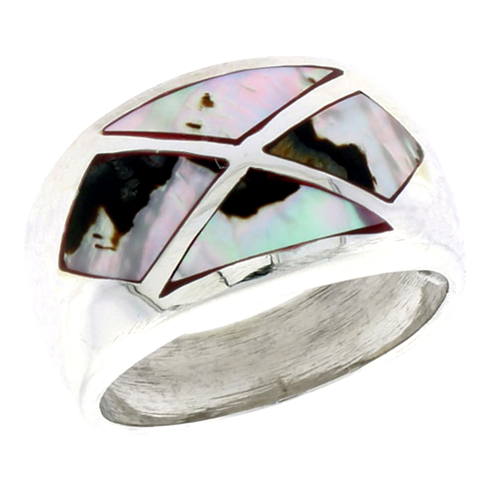 STERLING SILVER DOME BAND, W/COLORFUL MOTHER OF PEARL INLAY, 9/16" (14 MM) WIDE