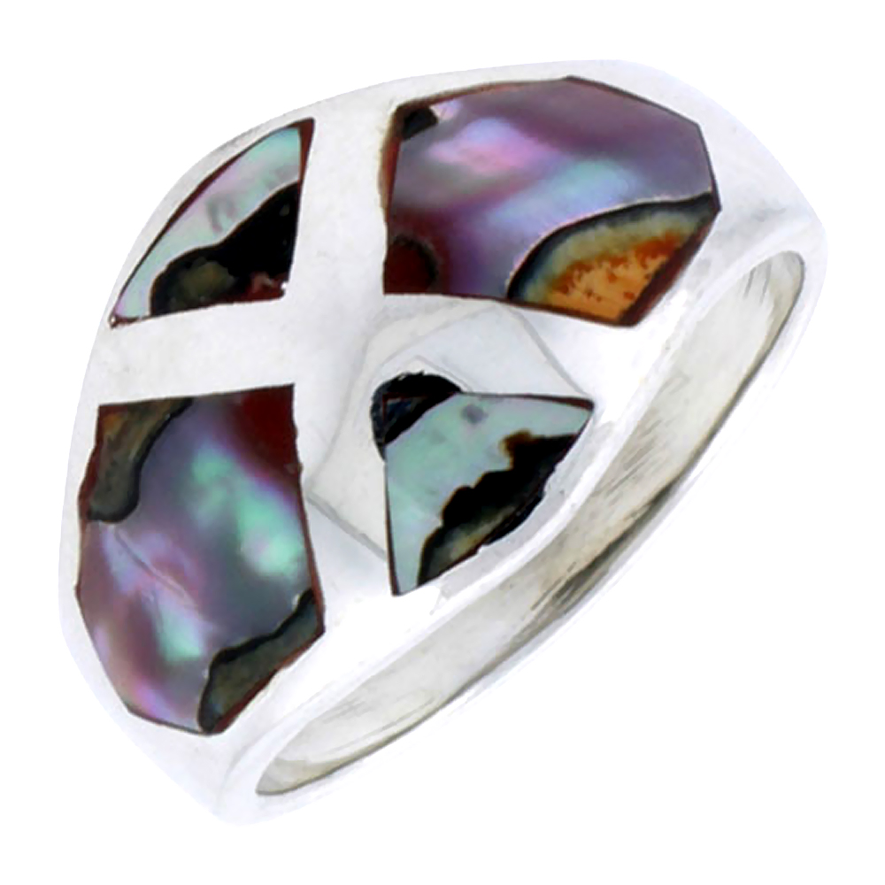 STERLING SILVER DOME BAND, W/COLORFUL MOTHER OF PEARL INLAY, 9/16" (14 MM) WIDE
