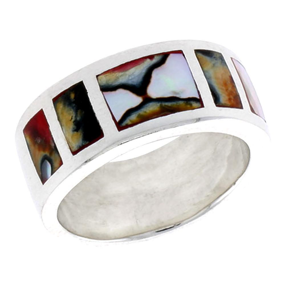 STERLING SILVER SQUARE PATTERN FLAT BAND, W/COLORFUL MOTHER OF PEARL INLAY, 3/8" (10 MM) WIDE