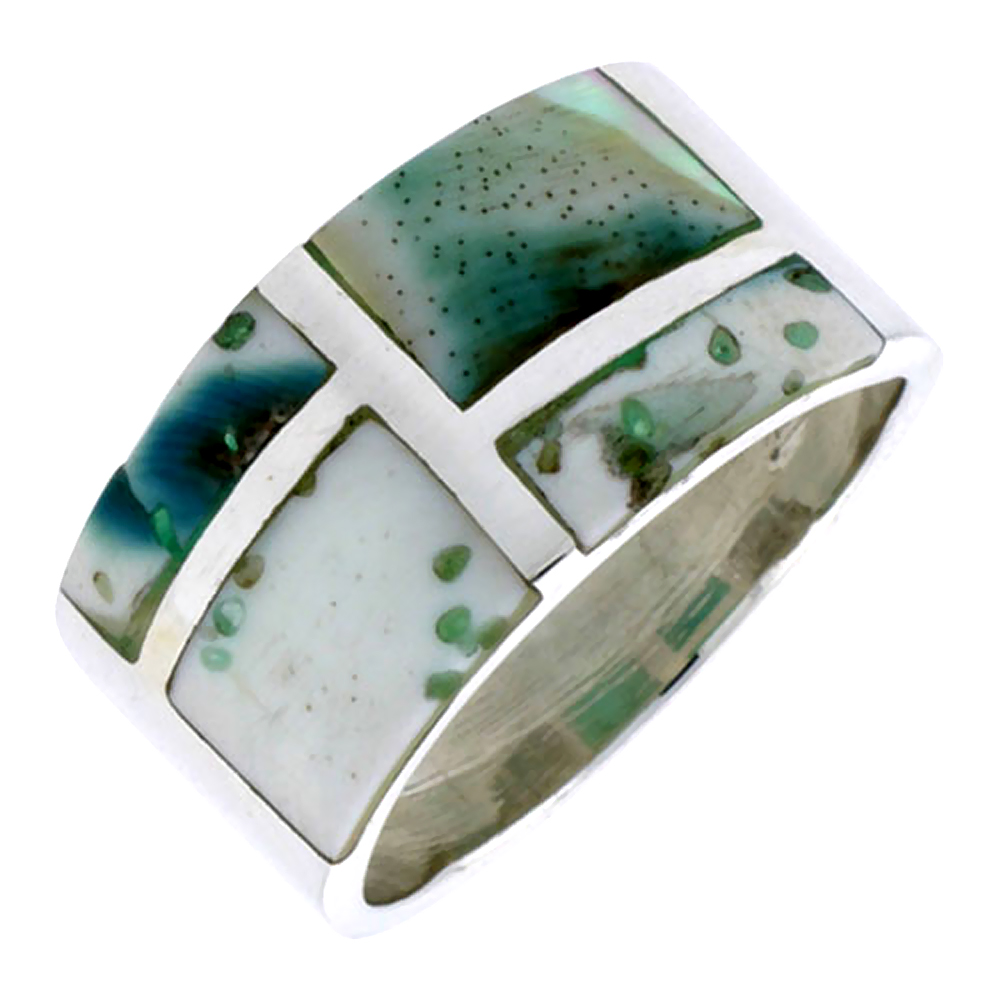 STERLING SILVER RECTANGULAR FLAT BAND, W/BLUE-GREEN MOTHER OF PEARL INLAY, 1/2" (13 MM) WIDE