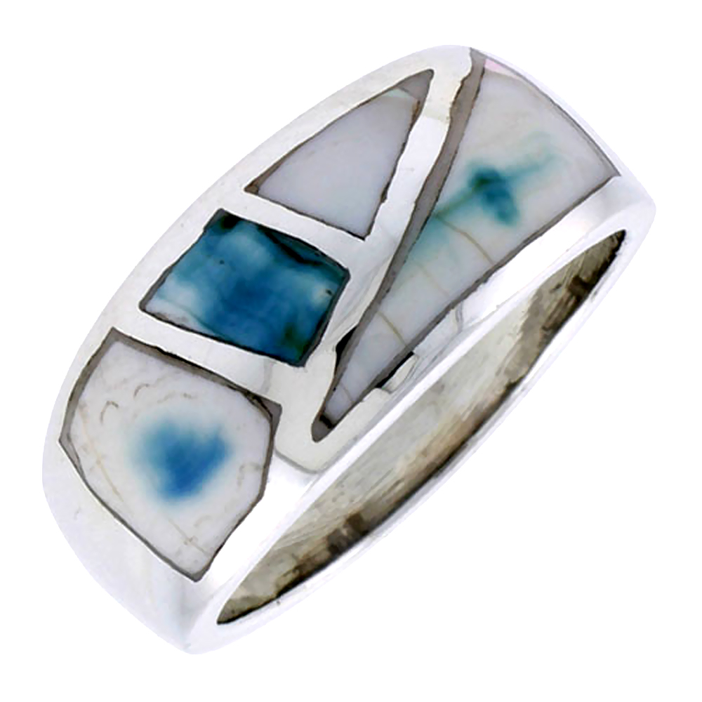STERLING SILVER FANCY BAND, W/BLUE-GREEN MOTHER OF PEARL INLAY, 7/16" (11 MM) WIDE