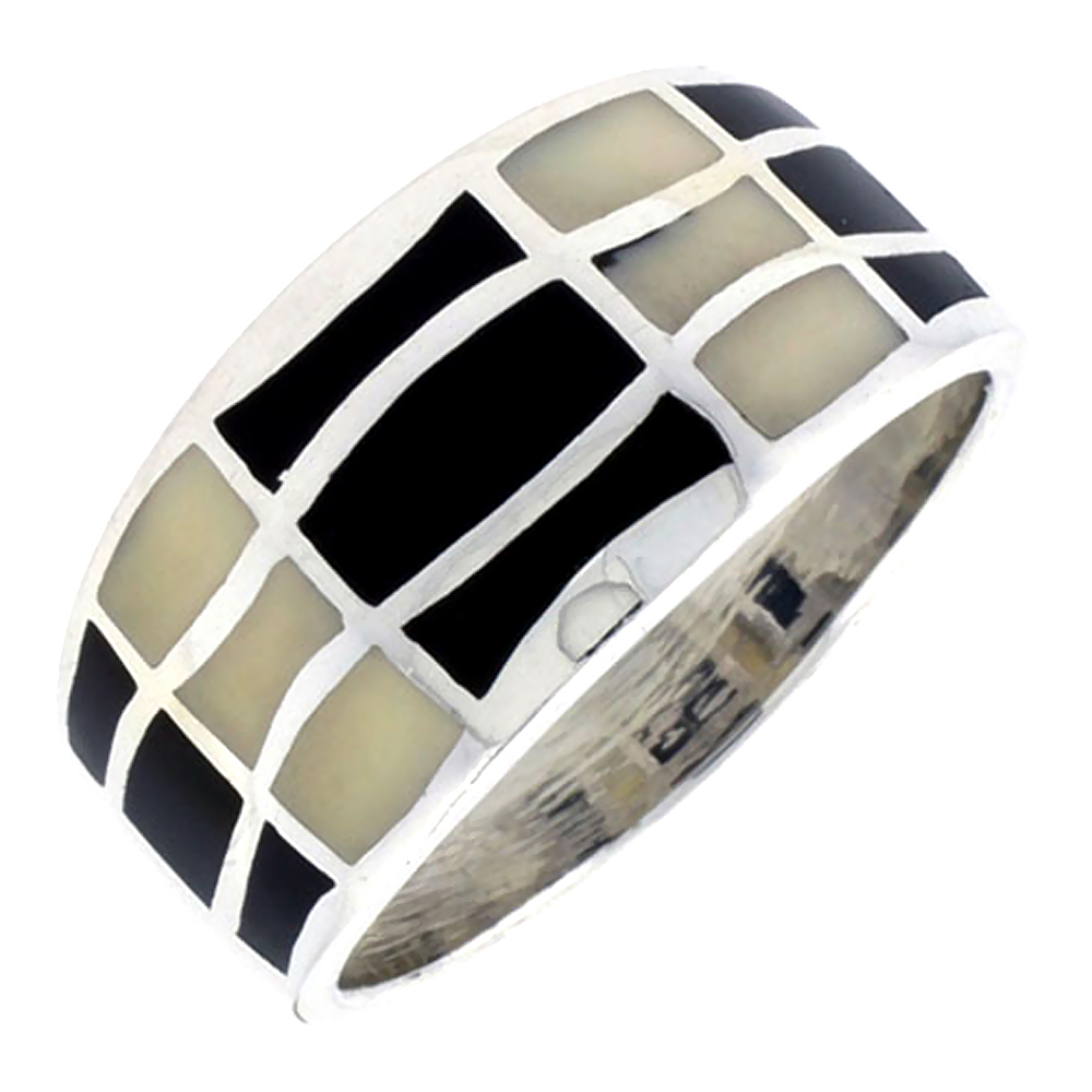 STERLING SILVER STRIPED BAND, W/BLACK & WHITE MOTHER OF PEARL INLAY, 1/2" (12 MM) WIDE