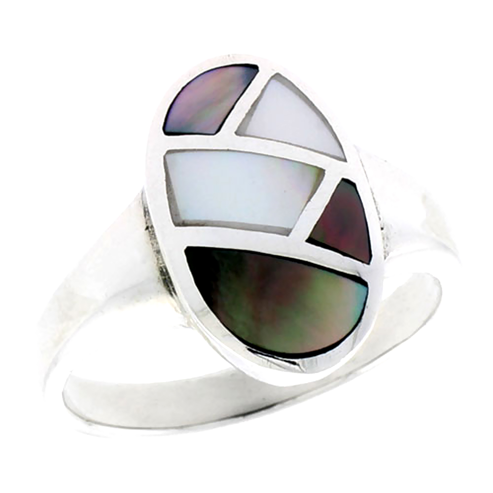 STERLING SILVER OVAL SHELL RING, W/COLORFUL MOTHER OF PEARL INLAY, 11/16" (17 MM) WIDE