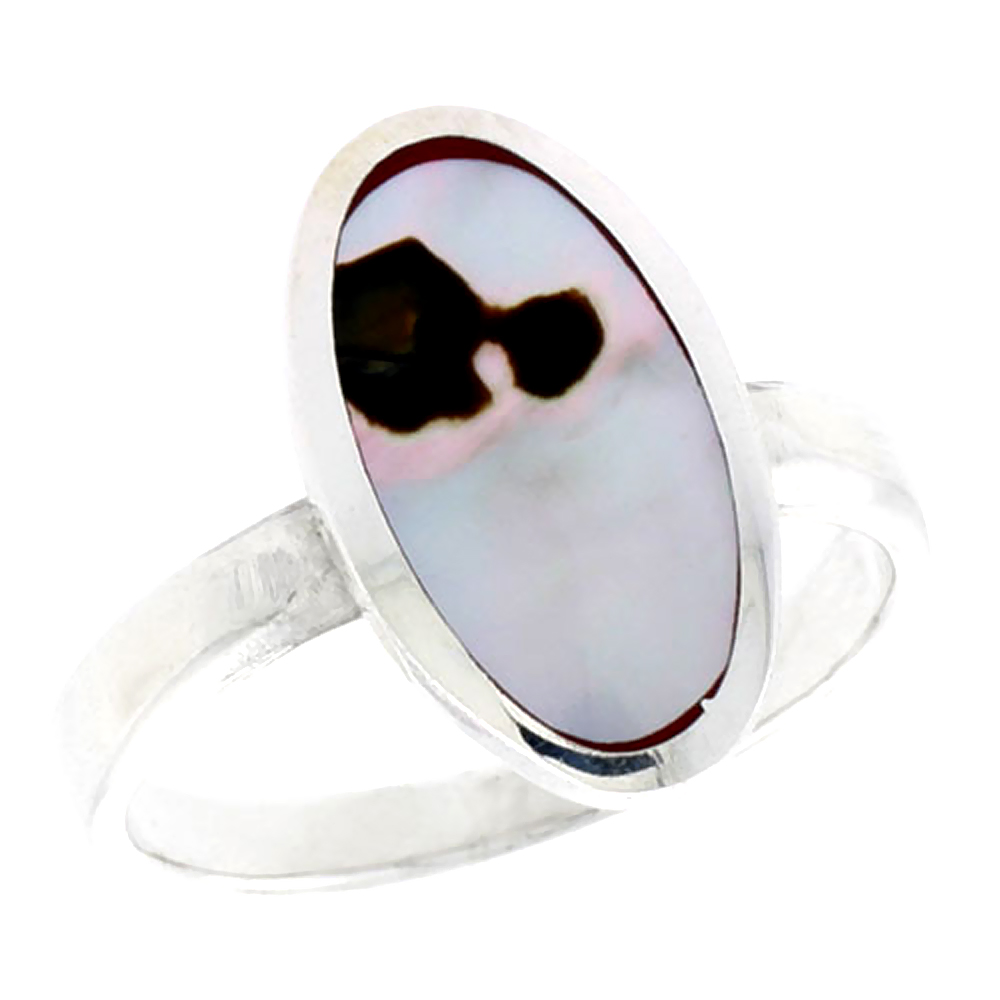 STERLING SILVER OVAL SHELL RING, W/BROWN & WHITE MOTHER OF PEARL INLAY, 11/16" (17 MM) WIDE
