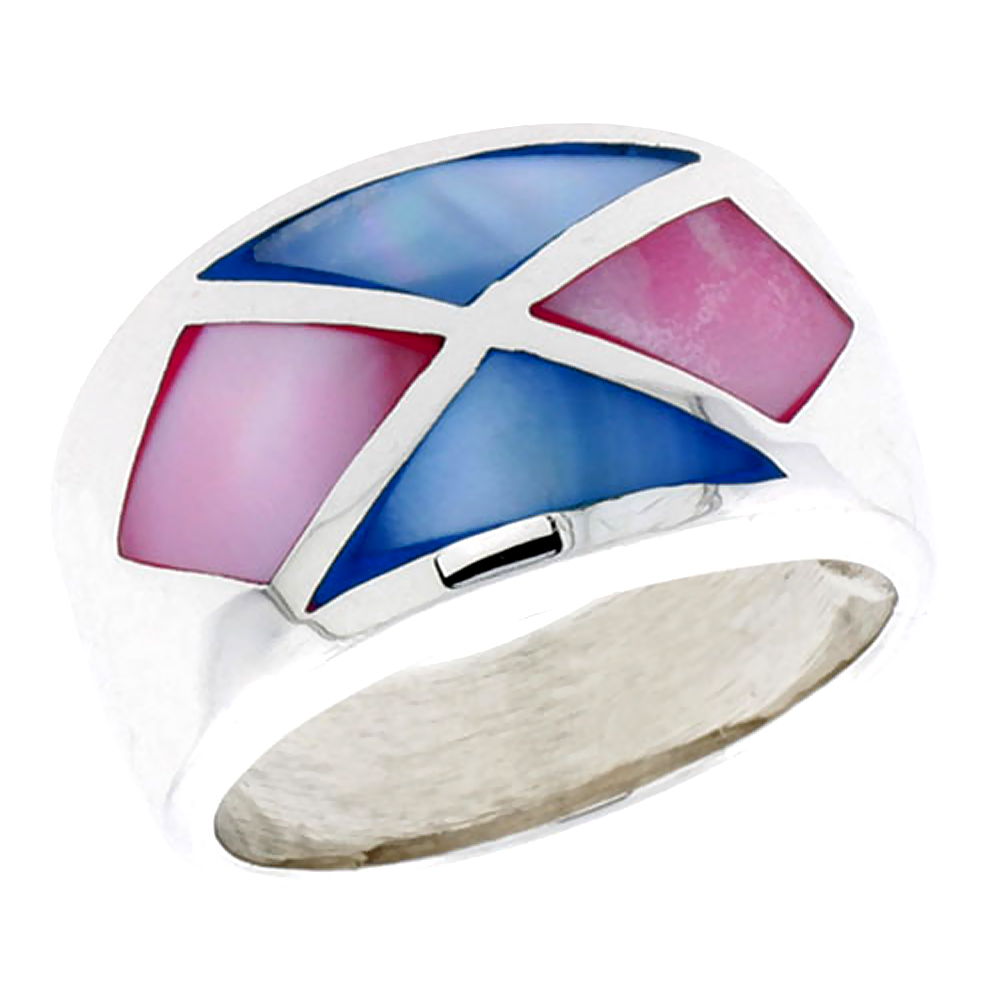 STERLING SILVER CRISSCROSS DESIGN DOME SHELL RING, W/PINK & BLUE MOTHER OF PEARL INLAY, 9/16" (14 MM) WIDE