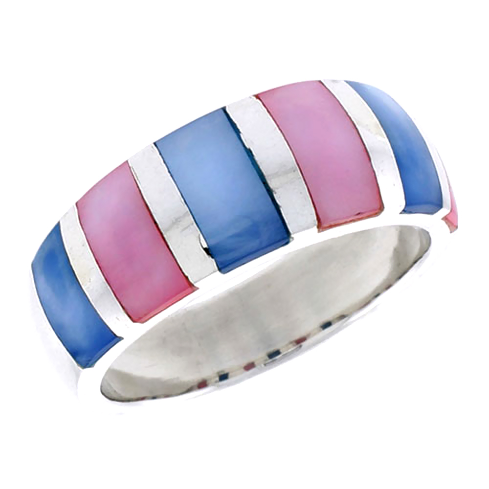 STERLING SILVER STRIPED DOME SHELL RING, W/PINK & WHITE MOTHER OF PEARL INLAY, 3/8" (9 MM) WIDE