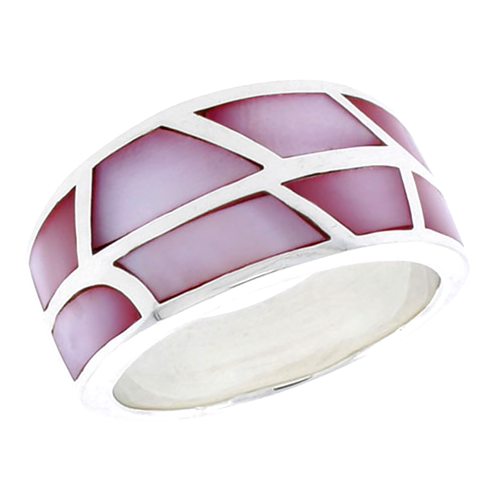 STERLING SILVER DOME SHELL RING, W/PINK MOTHER OF PEARL INLAY, 1/2" (12.5 MM) WIDE
